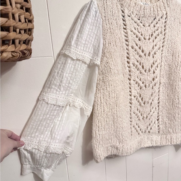 Sea New York Emma Eyelet Combo Sweater Cream Wool Alpaca Cottage Ruffle Boho L - Picture 4 of 7